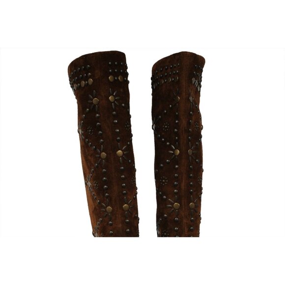Saint Laurent Womens Ella Studded Knee Boots US 7 EU 37 Brown Suede - Picture 11 of 16
